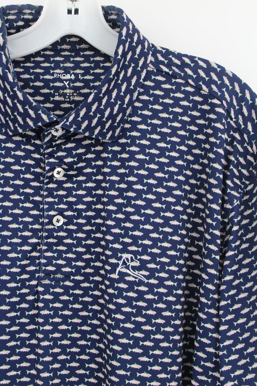 Rhoback Mens XL Blue Fish Print Polo